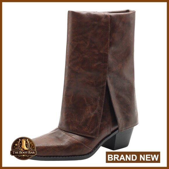 Square Toe Mid Calf Boots Chunky Heel Fold Over Pull On Fashion Boots